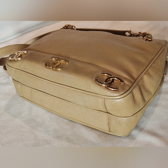 Chanel Caviar Leather Tripple CC Tote Bag Purse Beige 24K Vintage Coco Mark Gold - Picture 5 of 16